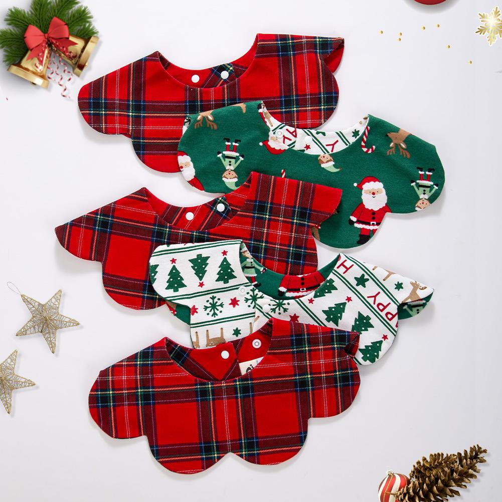 360° Christmas Day Baby Bibs for Infant Boys Girls Plaid Saliva Towel Cute Korea O Neck Adjustable Button Feeding Burp Cloth