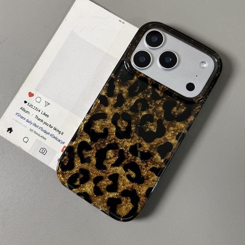 Fashion Retro Bling Glitter Leopard Print Case For iPhone 17 Pro Max Air 13 14 15 16 Glossy Bright Shiny Gold Foil Phone Cover