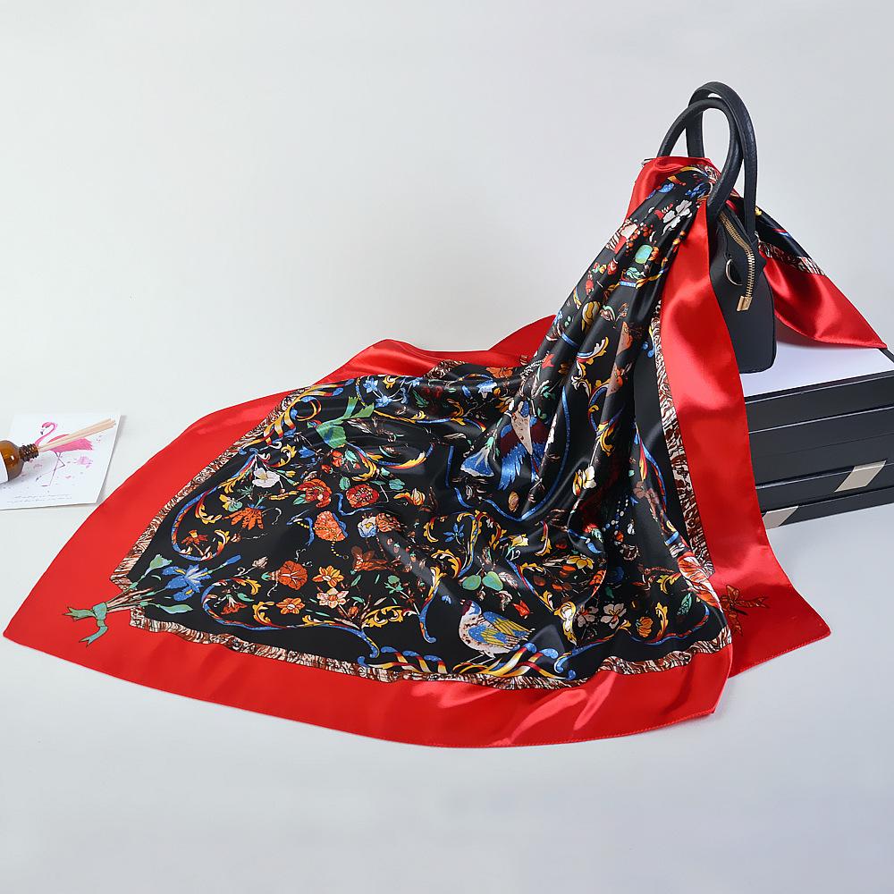 Modischer Seidenschal Damen Blumenmuster Satin Kopf Hijab Schals Luxus Foulard Farben Quadratische Schals Strandtücher 90X90cm