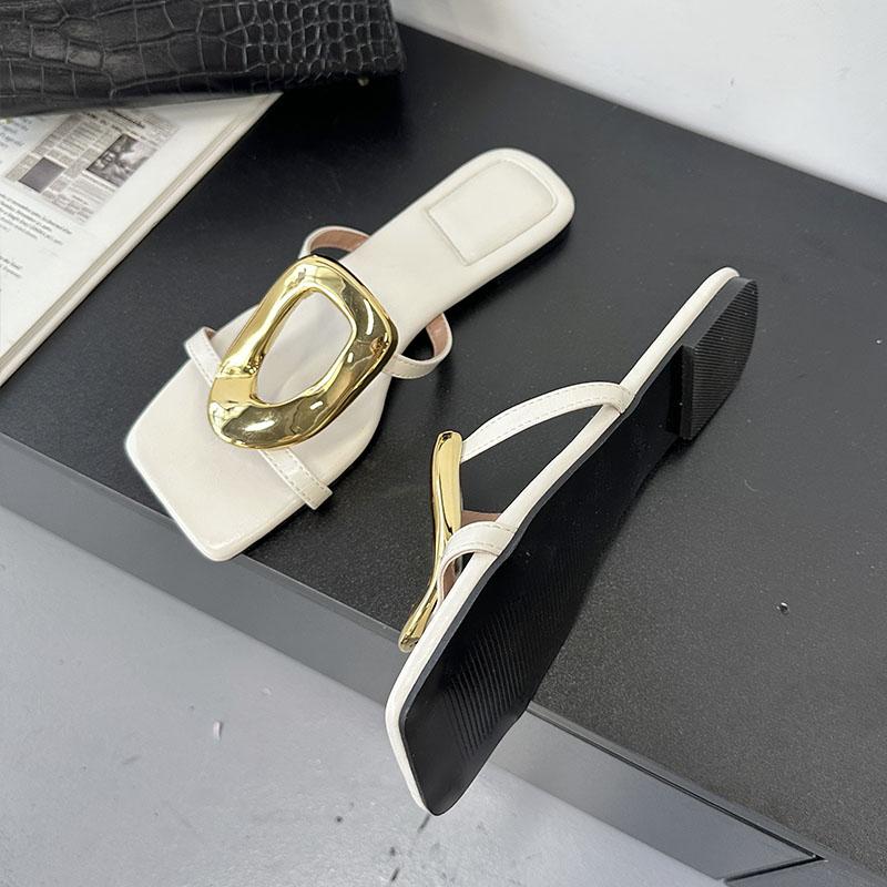 

Fashion Summer Beach Female Slides Slippers Sandals Shoes For Women Flip Flops Fashion Metal Ladies Flats Slippers Shoes Big Size 43 35 бежевый