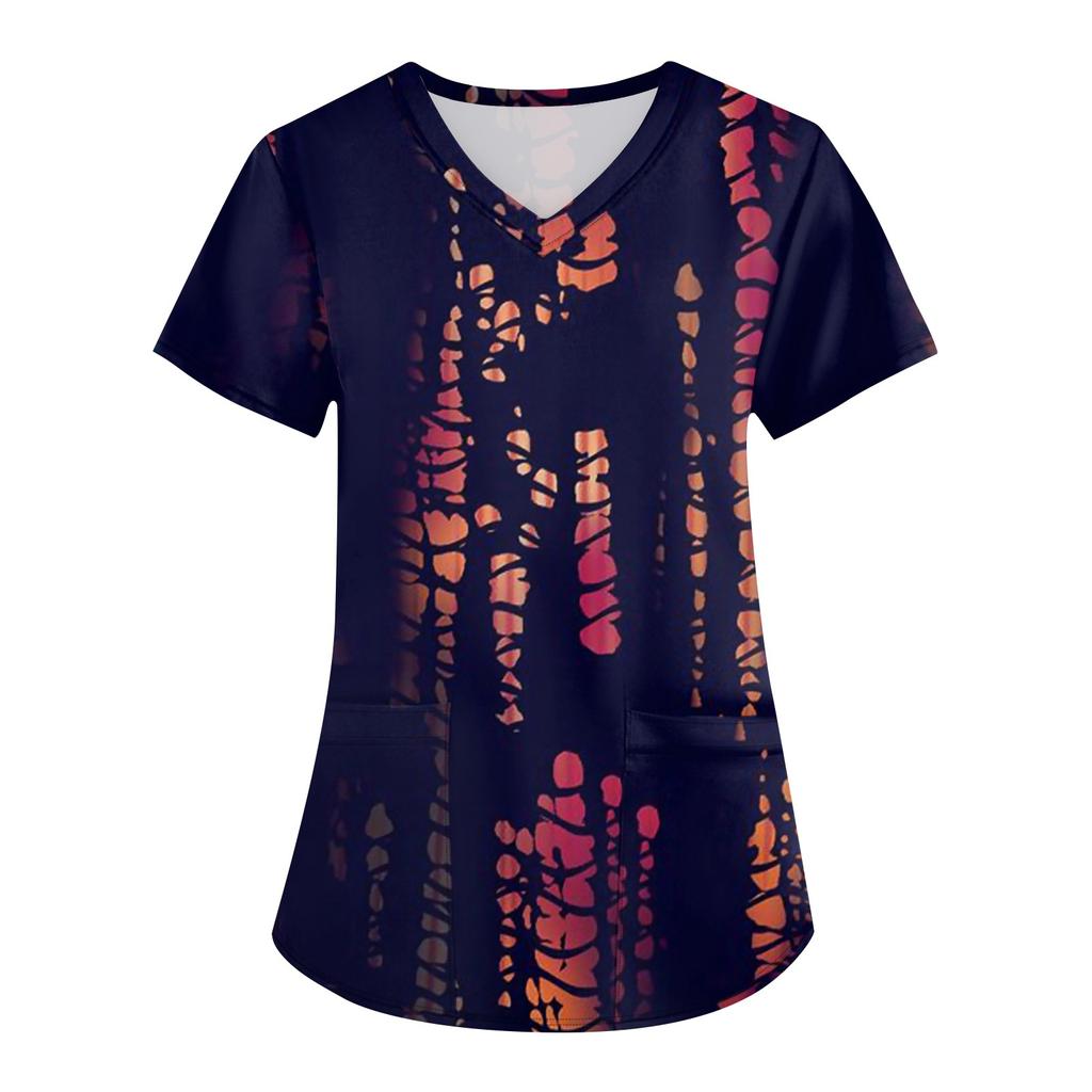 Damen Modisches bedrucktes kurzärmliges Oberteil mit V-Ausschnitt und kleiner Tasche für die Arbeit