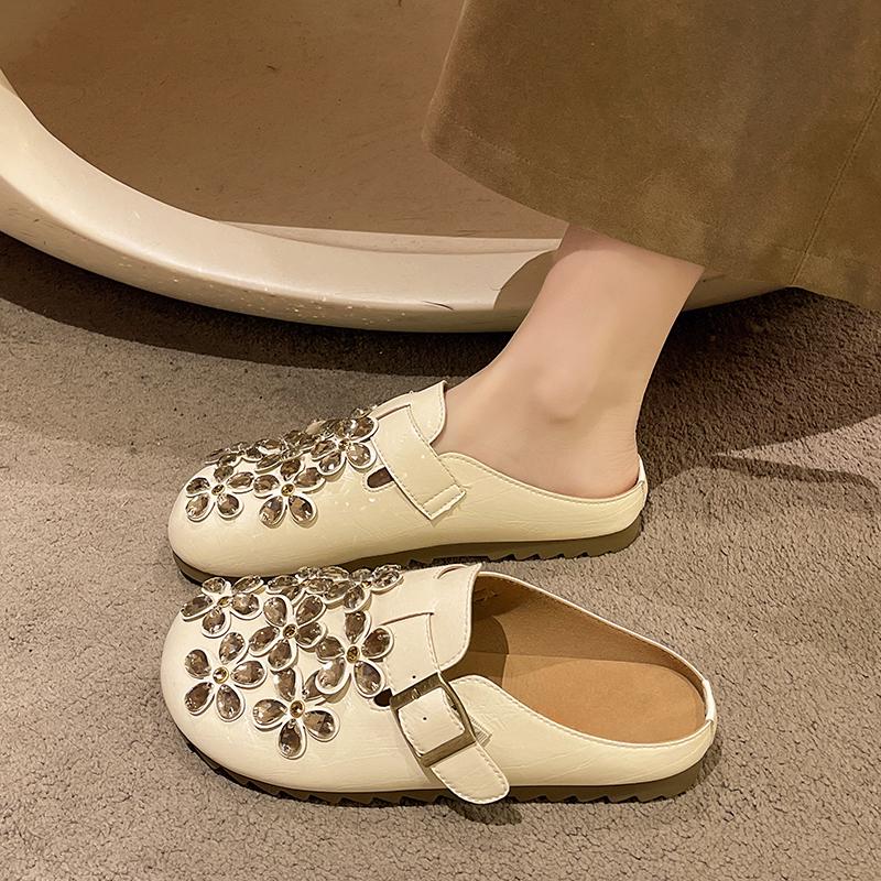 Fashion Flat Shoes Women Fashion Round Head Shallow Mouth Rhinestone Flower Soft Sole Anti-slip Wear-resistant Slippers