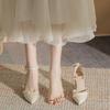 Fashion Pearl One Buckle High Heels Women's French Satin Pointed Toe Shallow Block Heel Non-Slip Square Heel Single
