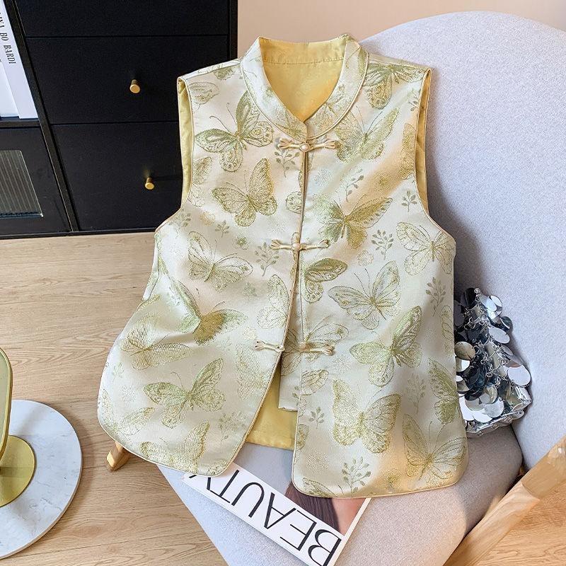 

Кнопочный жилет, антикварный жилет с воротником-стойкой, ретро-жаккардовый топ-жилет для женщин 3XL (recommended 138-75kg) золотой