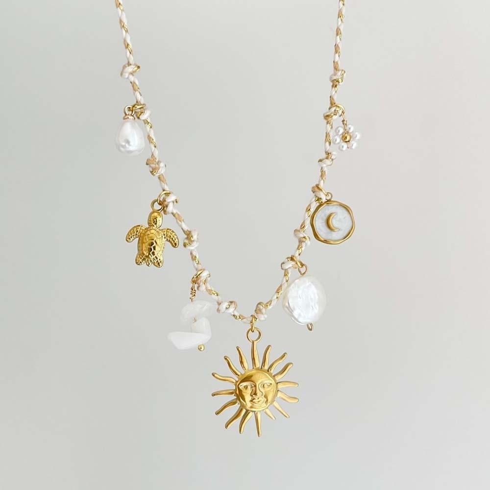 Ocean Style Woven Rope Collarbone Chain 3D Mini Metal Sun Necklace  Men