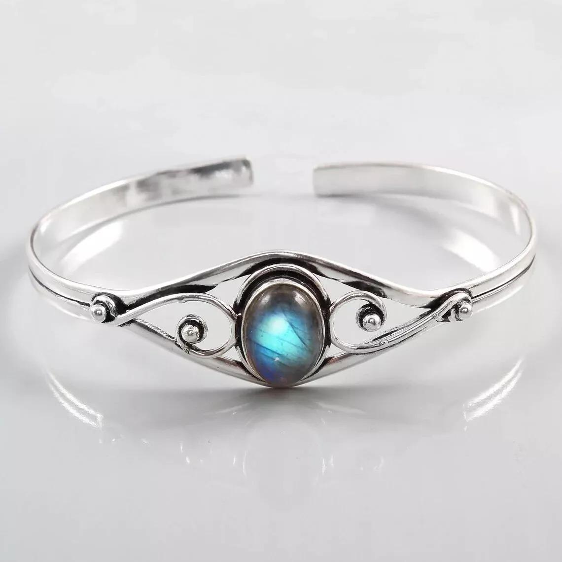 

Nice Labradorite Gemstone 925 Sterling Silver Handmade Bracelet Cuff Free Size синій