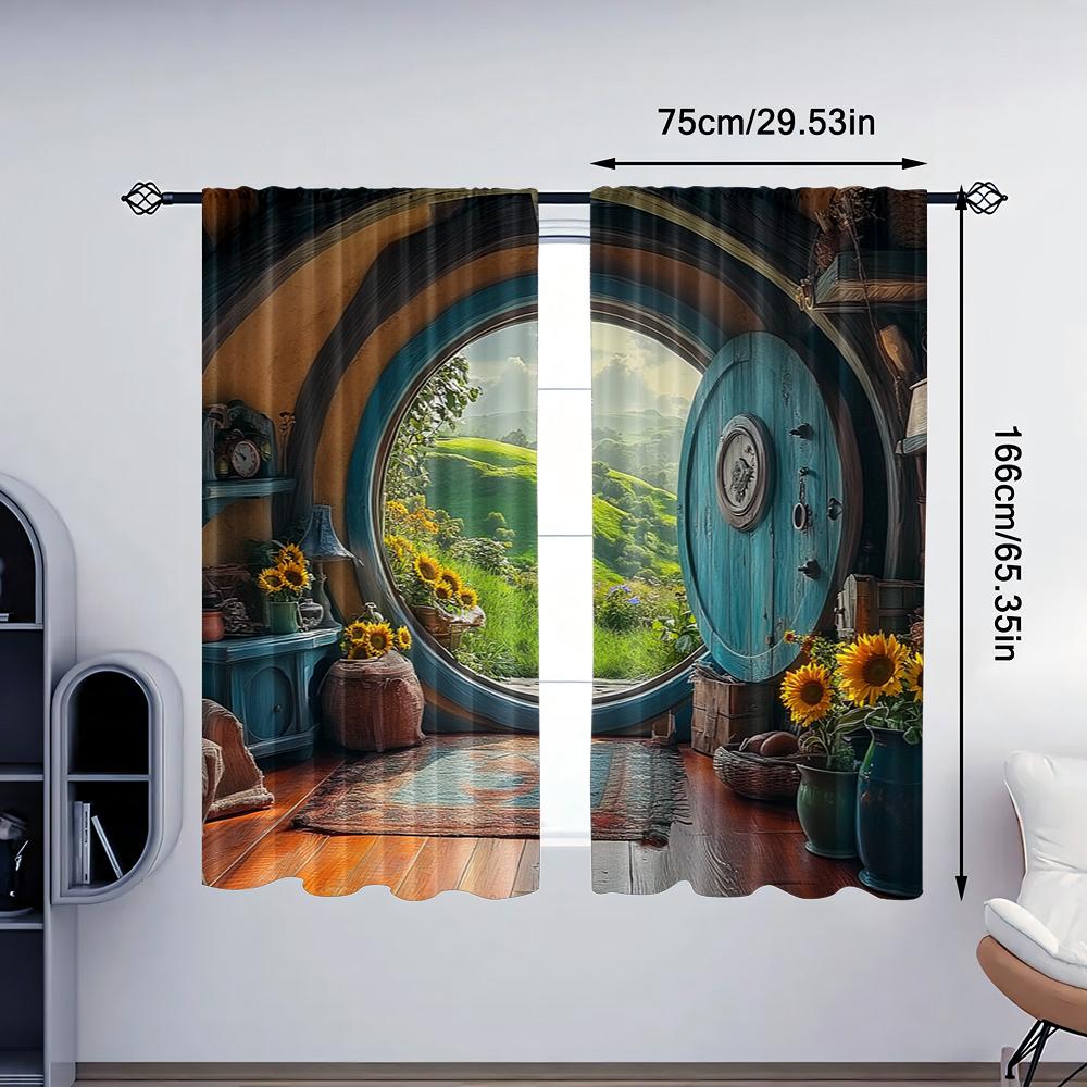 2pc, Party Window Curtains Charming Hobbit Hole Polyester,Without Electricity Festive Wall Decor Applies to Classroom