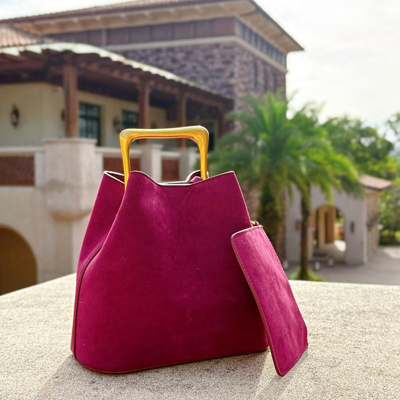 2025 Chic Designer Vintage Women Suede Frosted Leather Bucket Handbag Luxury Metal Handle Tote Bag Trendy Commuter Crossbody Bag