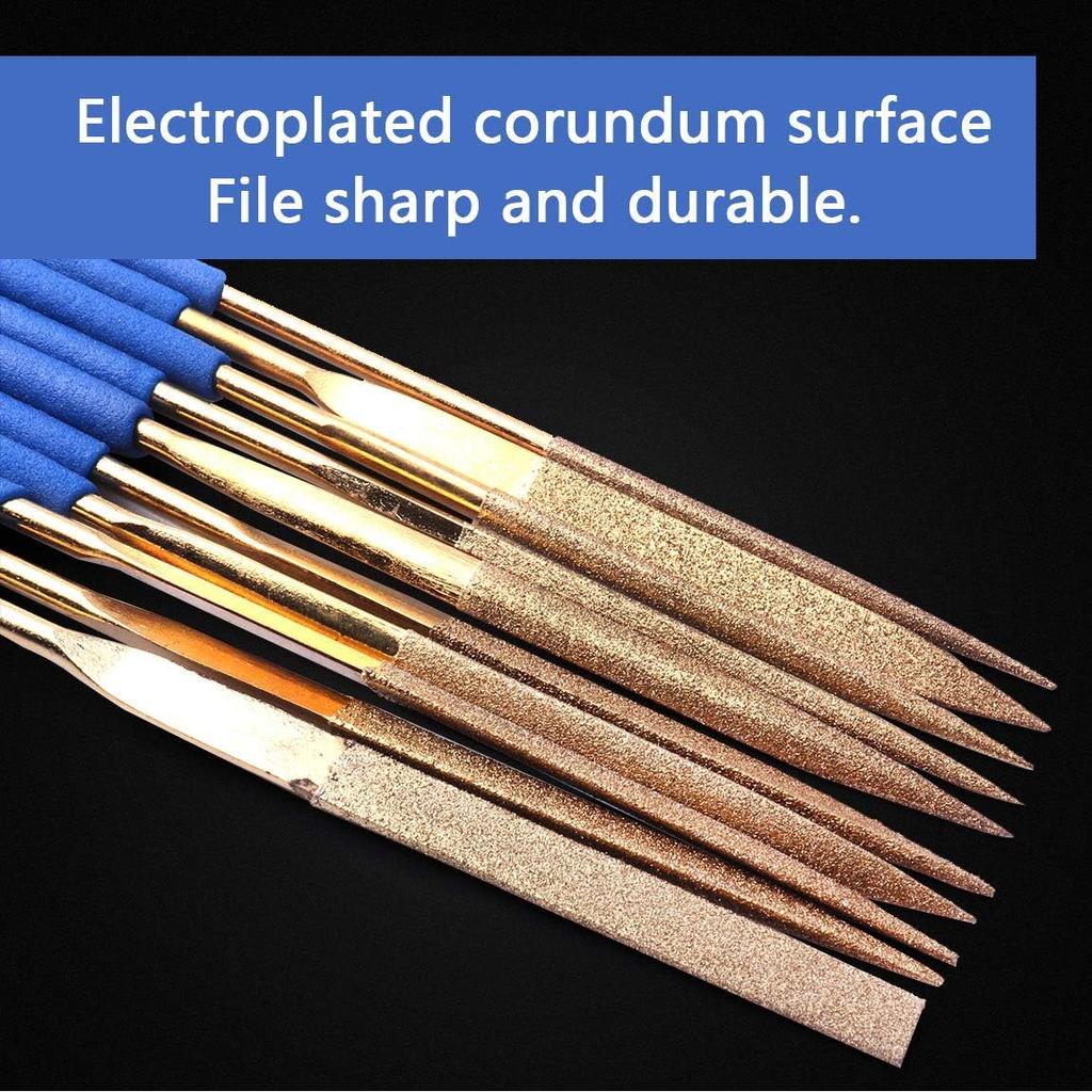 ATOPLEE Mini Diamond Needle File Set,10pcs 3x140mm Titanium Coated Diamond Files for Metal Glass Wood Stone Jewelry, Includes Round,Half
