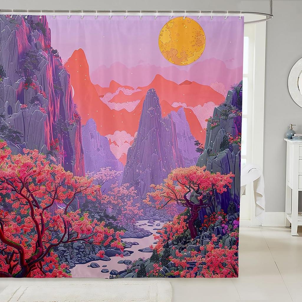 Japanese Samurai Bath Curtain Boys Girls  Landscape Shower Curtain for Kids Women Men Waterproof Sunset Bathroom Shower Curtain