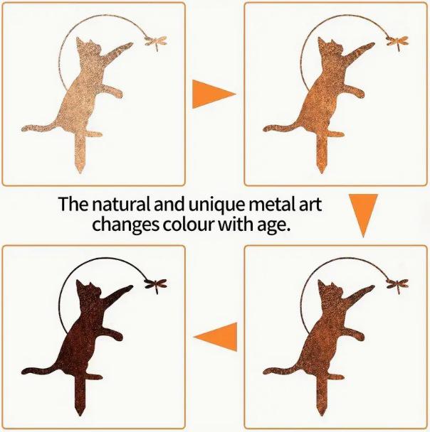 Rustic Metal Cat with Dragonfly Garden Sculpture
