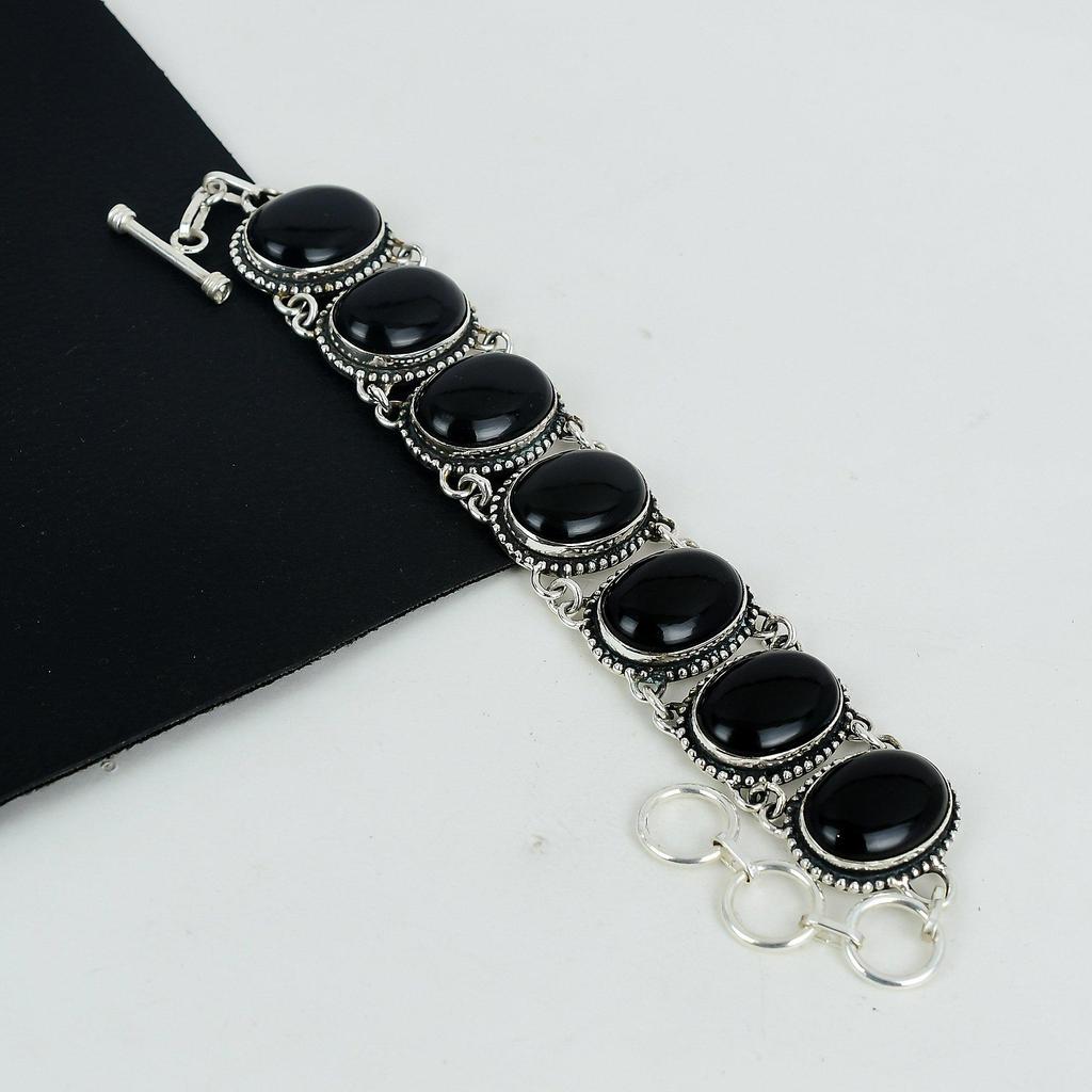 Dainy Svart Onyks Edelstein Håndlaget 925 Sterlingsølv Armbånd, Svart Onyks Armbånd Til Kone, Unisex Armbånd, Bryllupsgave