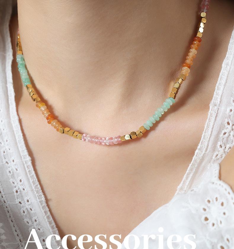 Maillard Reaction Vacation Style Amazonite Crystal Beaded Titanium Steel Necklace