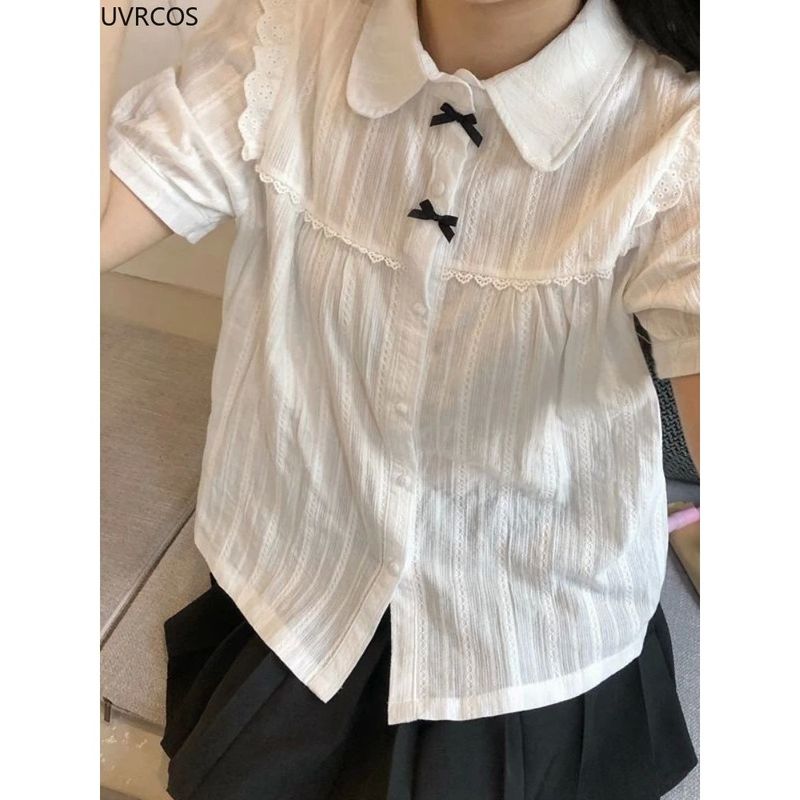 

Однотонная рубашка с кружевной отделкой на лацканах, приталенная, Однотонная рубашка поло с кружевной отделкой, приталенная, для женщин WHITE S(S)