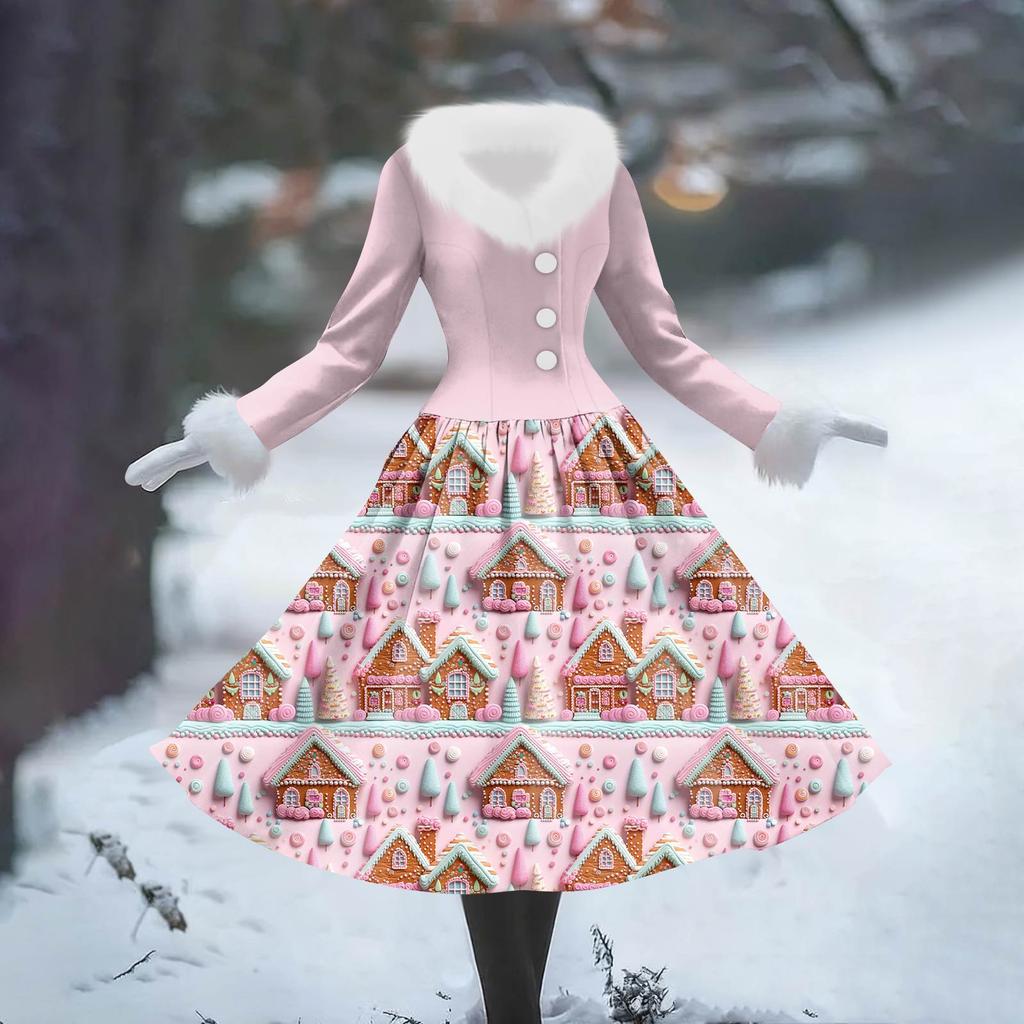 Women's Casual Hooded Dress Long-Sleeve V-Neck Patchwork Fleece Christmas Print Dress