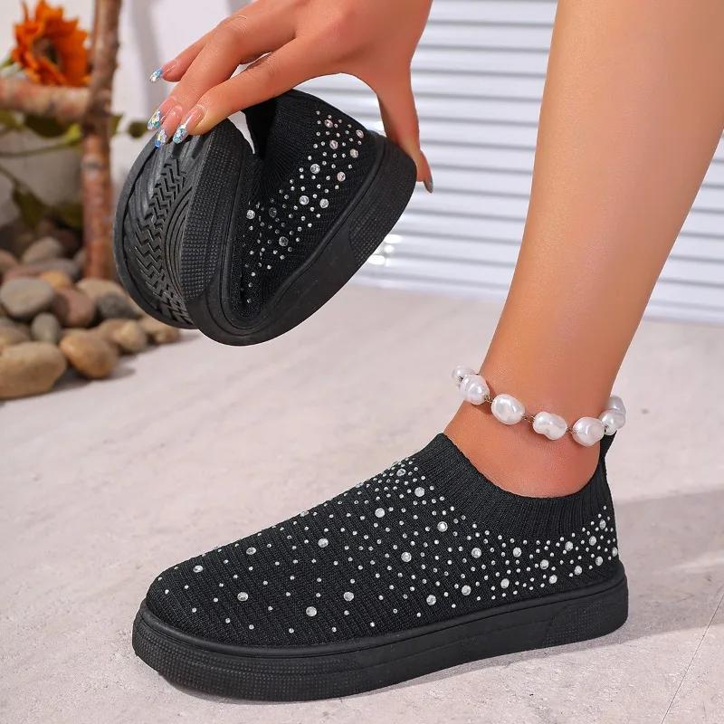 2025 Brand Ladies Shoes Slip-on Women's Vulcanize Shoes Crystal Casual Plus Size Grid Best Seller Breathable Sneakers