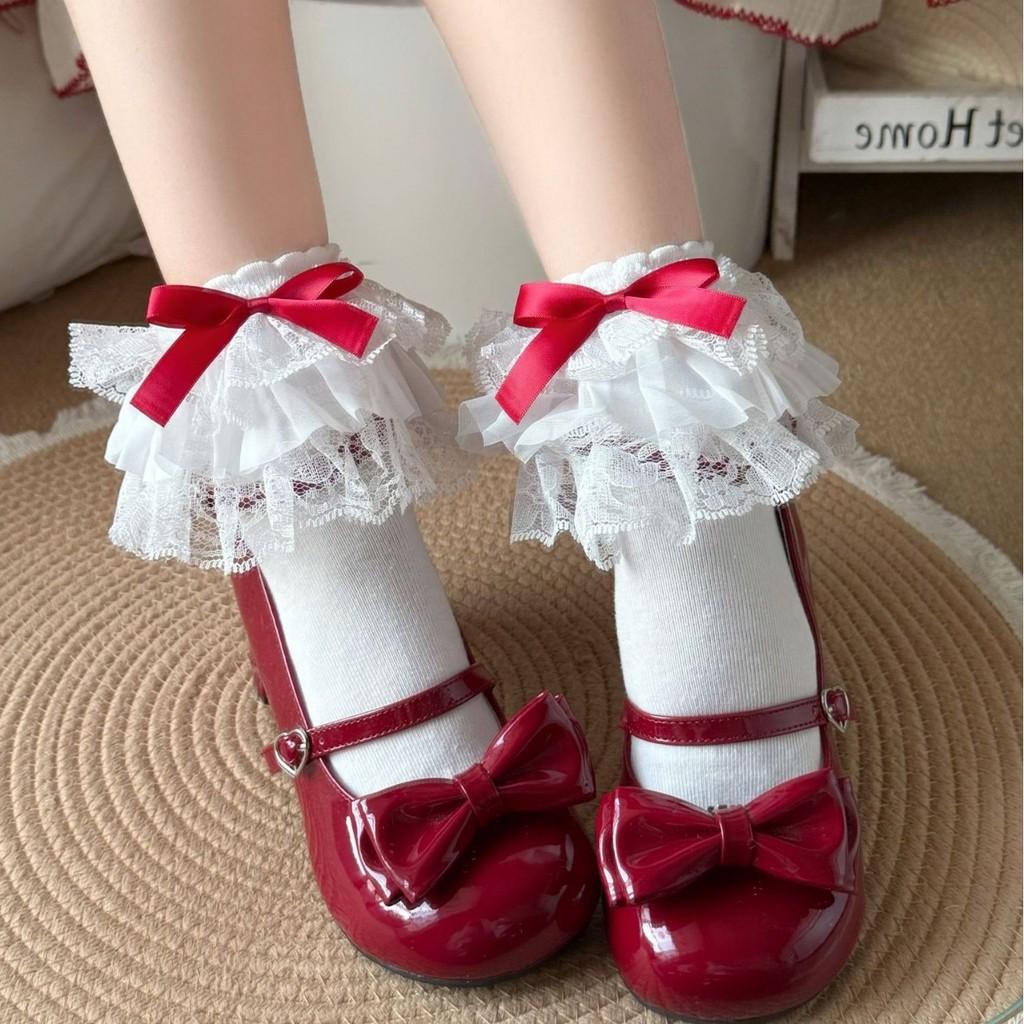 Cute Lolita Short Cotton Socks With Bow Embellishments For Teens