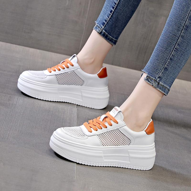 2025 Summer New Thick-soled Little White Shoes Women's Mesh Solid Color Heightening Women's Shoes Casual Breathable Sports Board Shoes