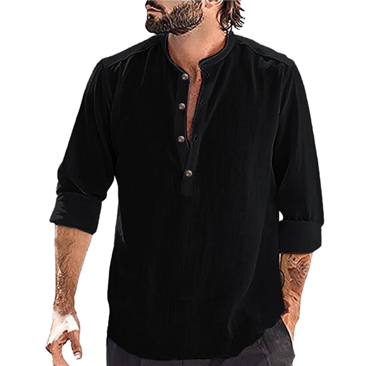 

Дизайнерские весенне-летние мужские повседневные рубашки из хлопка и льна, однотонные рубашки с длинными рукавами, свободные рубашки с воротником-стойкой XXL чёрный
