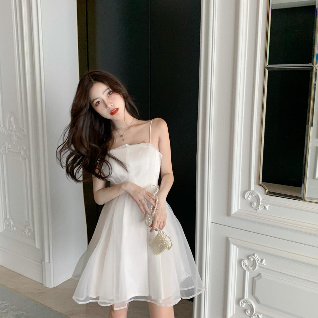 Sweet Fairy Halter Dress Short A-Line Skirt Waist-Cinching Slimming Elegance Korean Style Casual Spring Summer Women's Dress