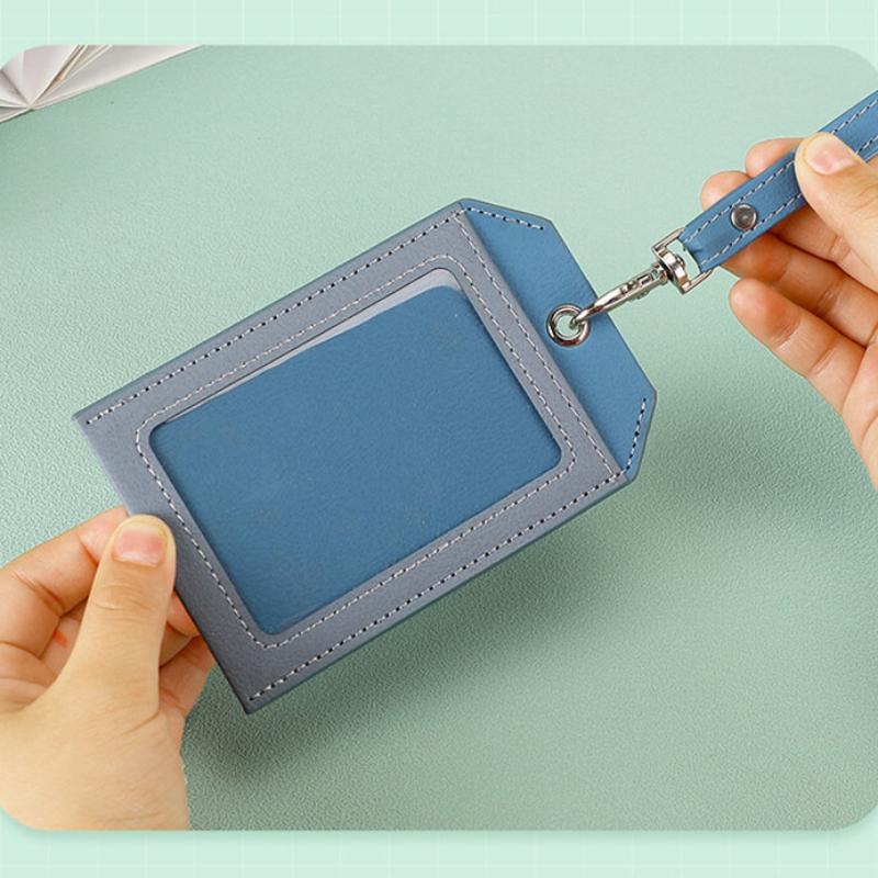 2 Card Slot Employee Work ID Card Set Hanging Rope PU Leather Bus Meal Card Chest Badge