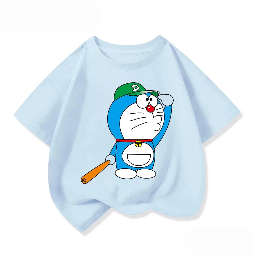 Cute Children's Short-Sleeve T-Shirt, Cute Doraemon Crew Neck, Everyday Casual Summer Kids' Clothing