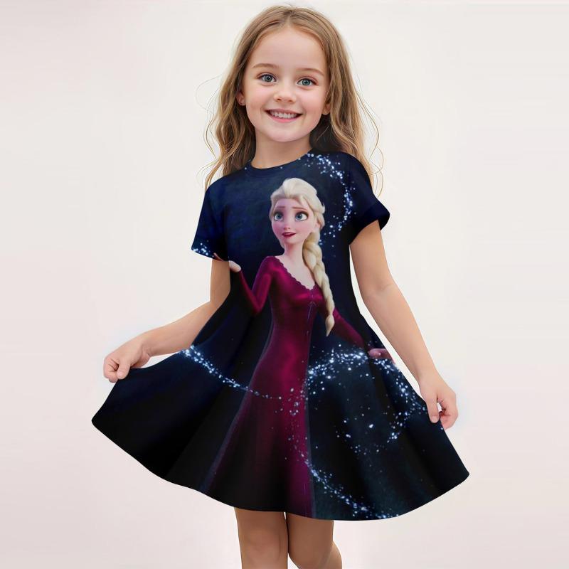 Disney Summer Hot Girl Short Sleeved Skirt Ice and Snow Romance Print 3D Printed Cartoon Pattern Elsa Princess Skirt