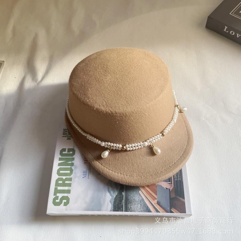 French Pearl Chain Top Hat Women's Autumn and Winter Warm Flat Top Felt Hat British Celebrity Retro Versatile Fashion Hat
