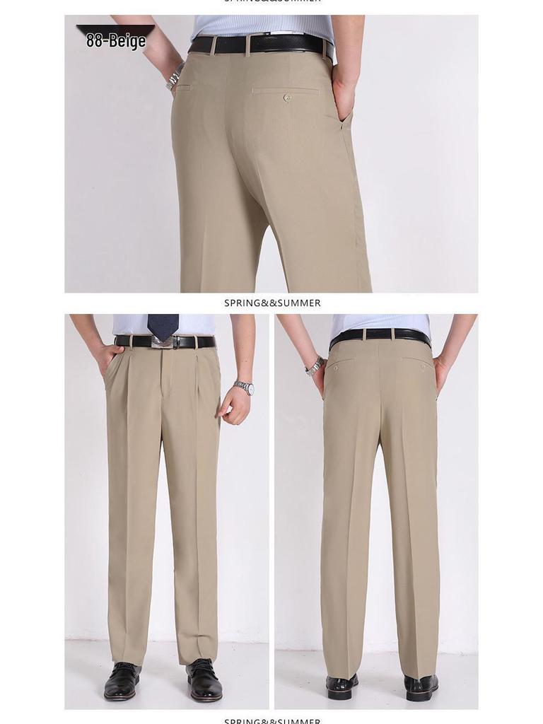 Men's Summer Mulberry Silk Dress Pants: Double Pleated, Loose Fit, Straight Leg, High Waist, Deep Crotch.