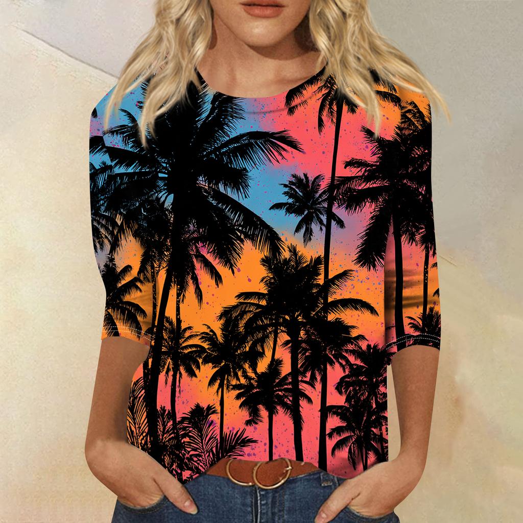 Women's Fashionable Casual Round Neck Three-quarter Sleeve Hawaiian Print T-shirt Top