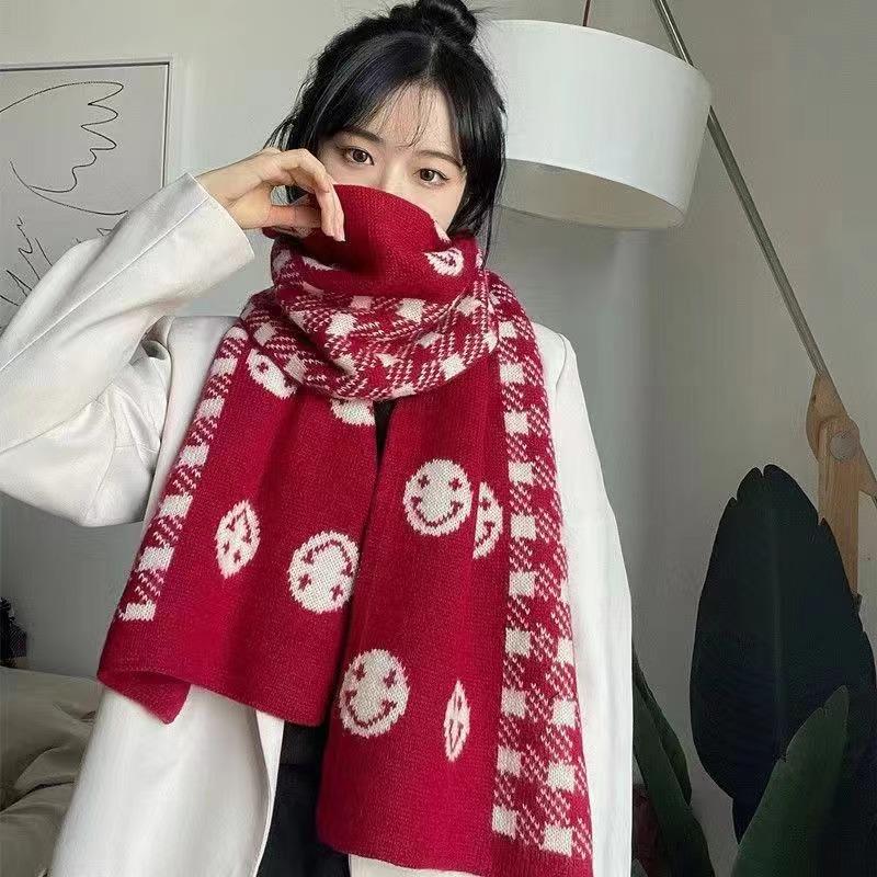 Smiley Face Scarf Female Winter Cute Girl Korean Version Versatile Ins Tide Student Knitted Wool Warm Plaid