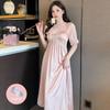 Summer Short Sleeve Sexy Lace V-neck Silk Satin Long Nightgowns for Women Cute Sleepwear Night Dress Nightdress Home Nighty