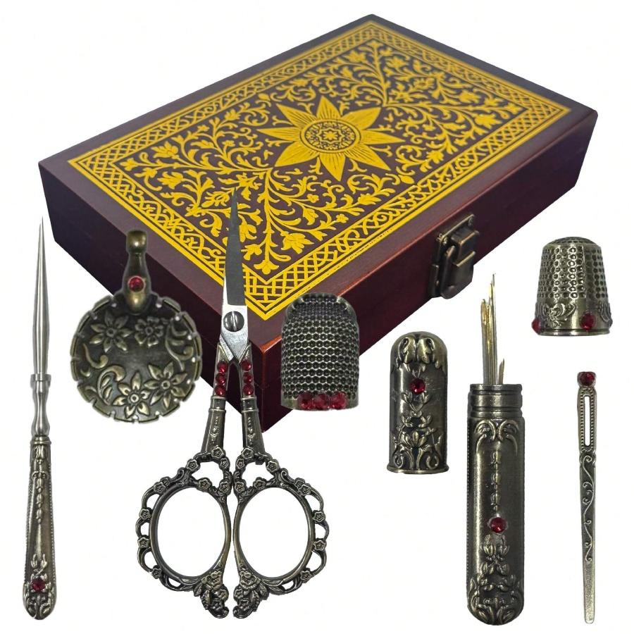Vintage Sewing Kit European Style Antique Embroidery Scissors Set Portable Sewing Tool Storage Box with Needles Scissors