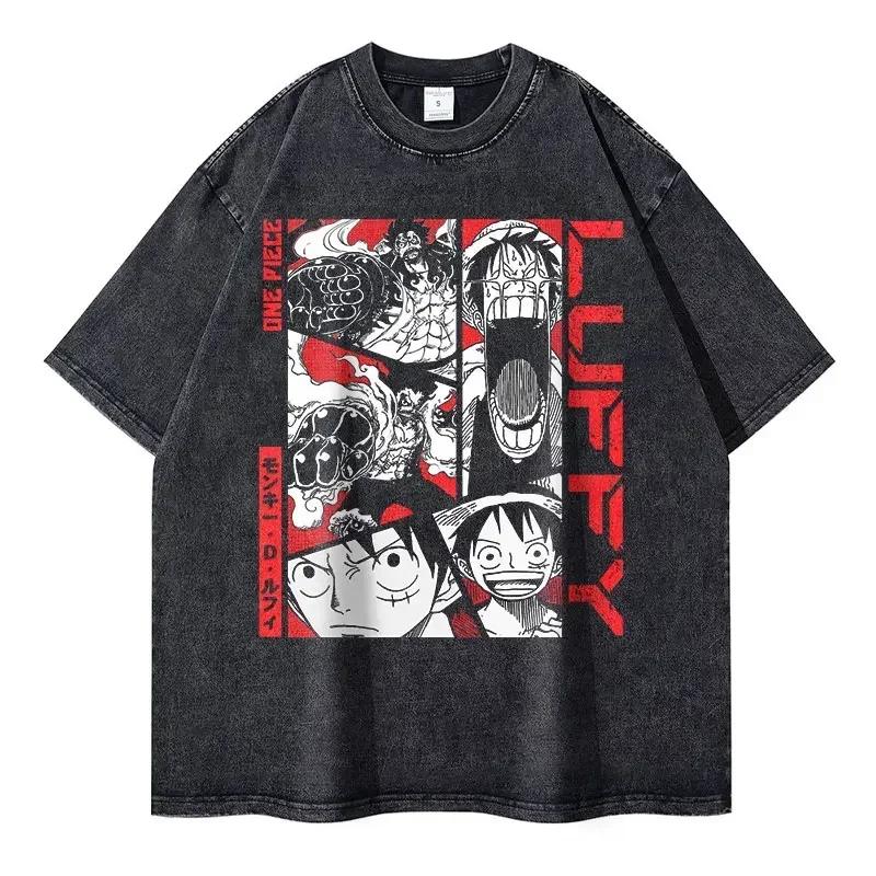 Roronoa Zoro T-shirts Vintage Washed Anime One P-Piece T-shirt Streetwear Oversized L-Luffy Manga Tops Tees Cotton