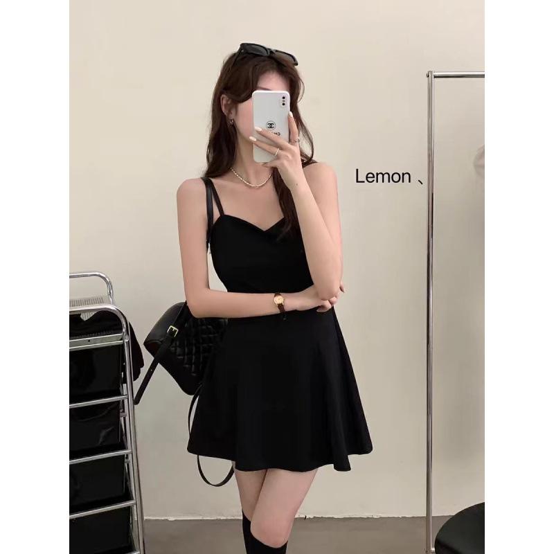 Black dress women's inner cover bottom thin suspender a word short skirt Hepburn small black dress small short skirt summer
