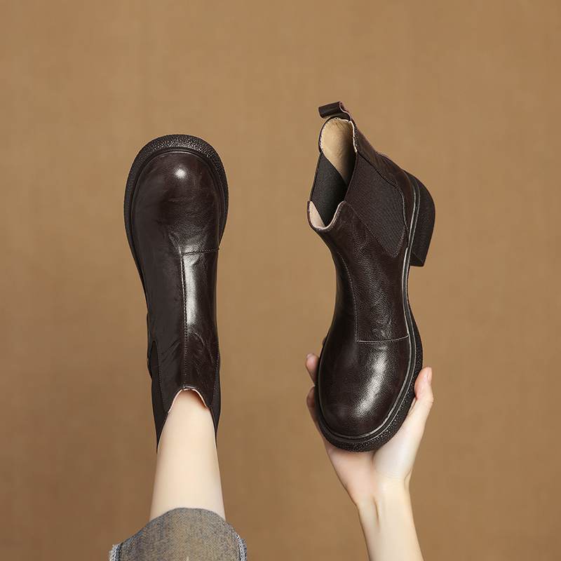 Krazing Pot Sheepskin Pleated Decoration Autumn Winter Shoes Chunky Heels Size 43 Size 42 Round Toe Slip on Retro Fashion Ankle Boots