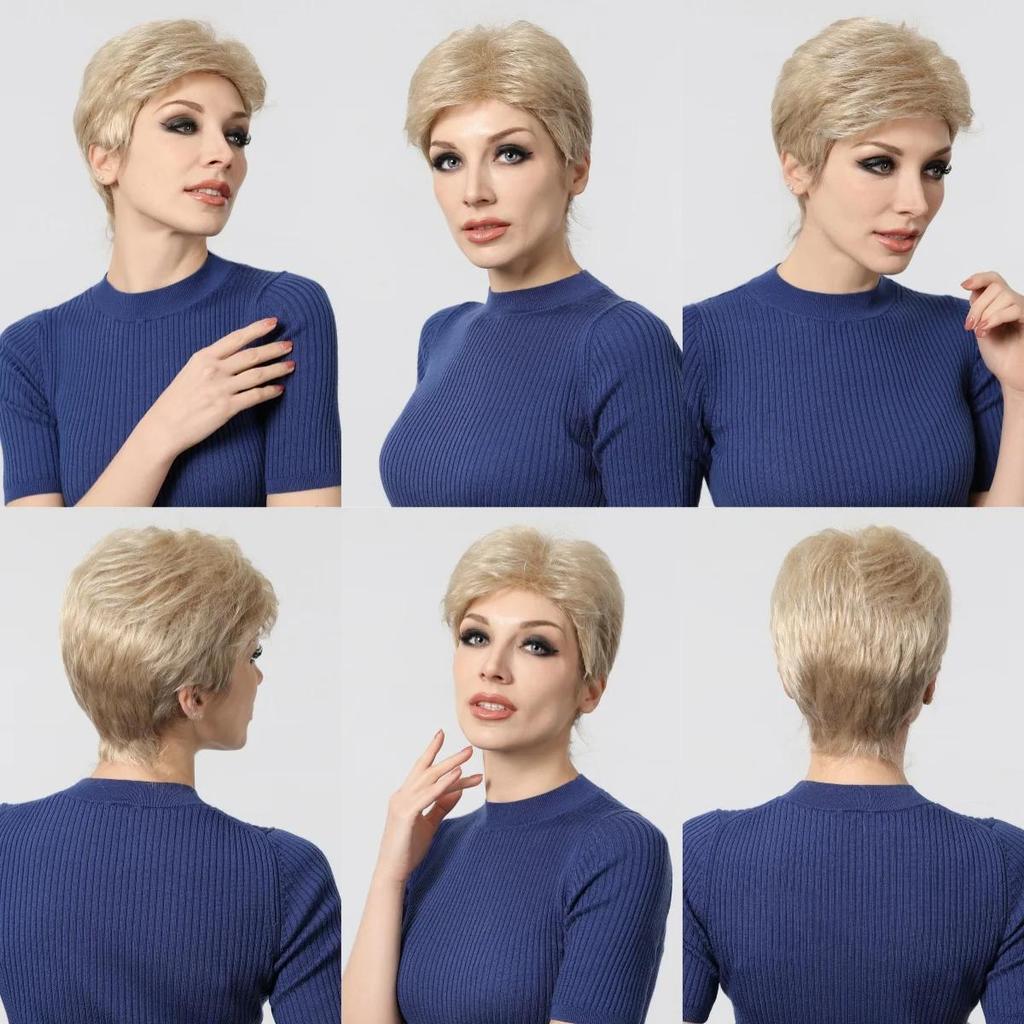 LOUIS FERRE Light Golden Blonde Pixie Cut Synthetic Wigs for Women Short Straight Layered Hair Wigs With Bangs for Daily Use