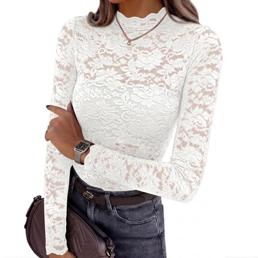 Top da donna a collo alto con maniche lunghe, pizzo colorato traforato, camicetta da stratificare
