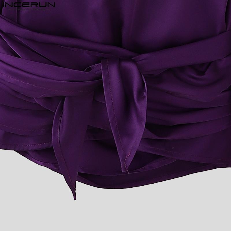 INCERUN Herren Deep V-Ausschnitt Vorne gekreuzt Einfarbig Bandage 70er Jahre Retro Tops Partyhemden