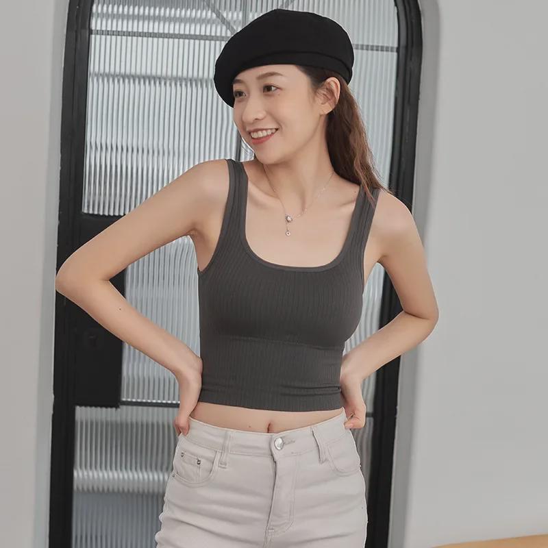 Women's Knitted Wide-Strap Sports Vest with Chest Pads - Strapless Base Top for Spring & Summer
