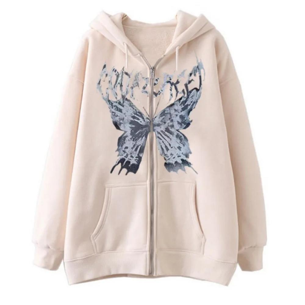 Gothic Style Aramid Hoodie Butterfly Zipper Sports Hoodie Full Sleeve Polyester Fiber Women's Fashion Casual Streetwear