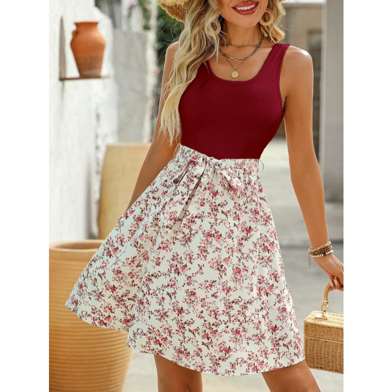 Abito Mini da Donna Primavera Estate Elegante Casual Color Block Senza Maniche Cintura Annodata Vestibilità Aderente Stampa Floreale Linea ad A
