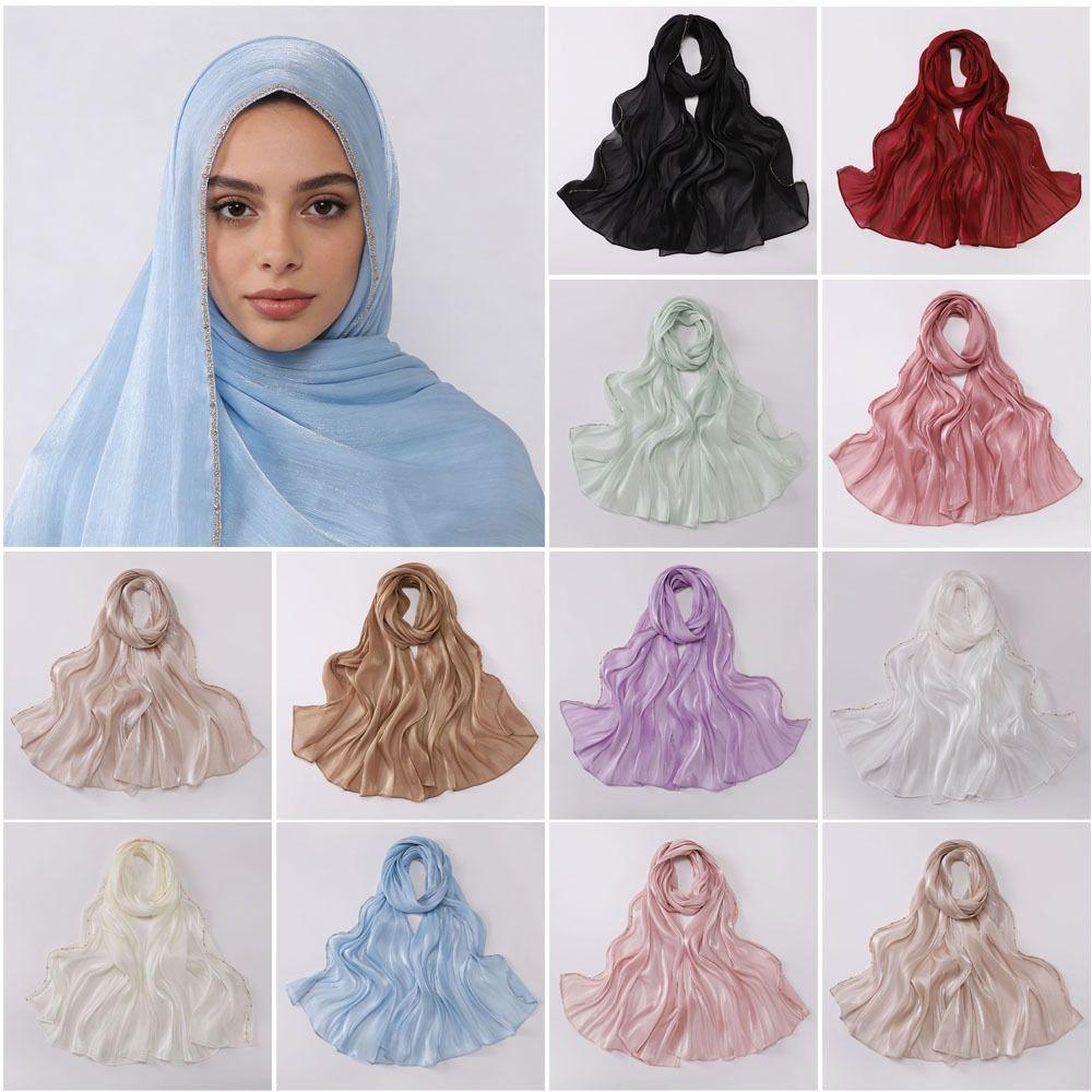 High Qulaity Solid Color Silk Scarf Unilateral golden chain Shining Sunscreen shawl Long Soft Chiffon Hijab Veil Outdoor