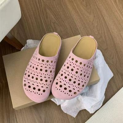 Fashion Women's Fashion Round Head Deep Mouth Cow Suede Hollow Breathable Soft Sole Anti-slip Wear-resistant Flat Slippers