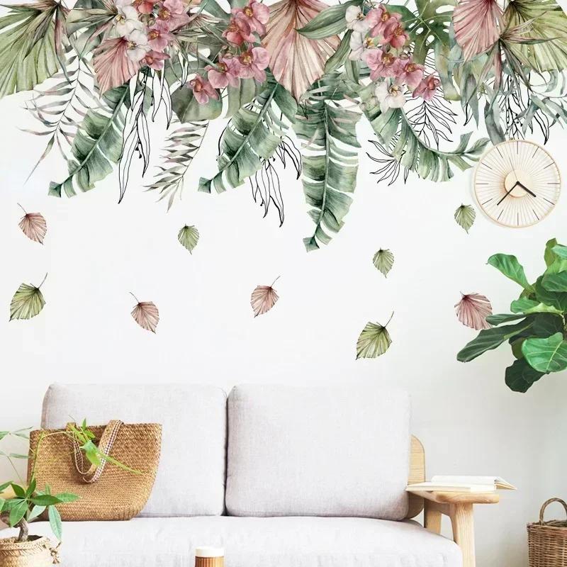 PVC Wall Sticker New Watercolor Green Leaf Tropical Plant Waterproof Living Room Bedroom Corner Decal Decal Leaf