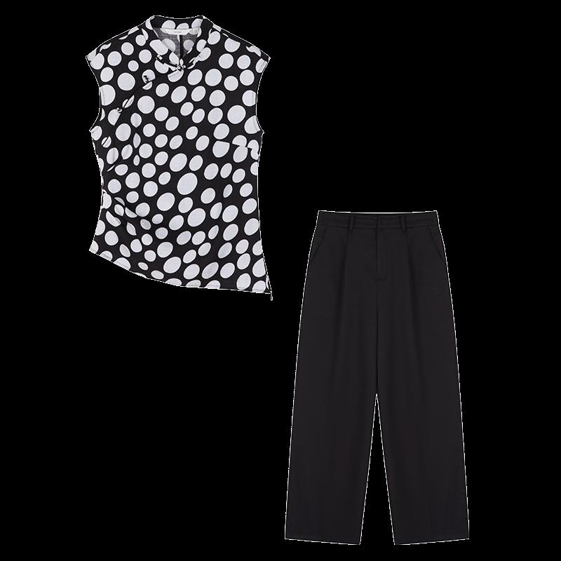 IHIMI Women's Polka Dot Sleeveless Shirt & Casual Pants Set