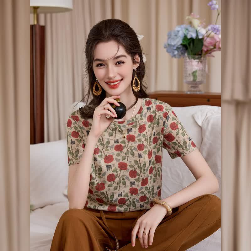 Retro Rose Print Knit T-Shirt