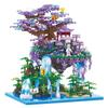 Fairy Pavilion Cherry Blossom Treehouse with Peach Blossom Pond - Creative Ancient Style Building Block Ornament, Handmade Assembly Scene.