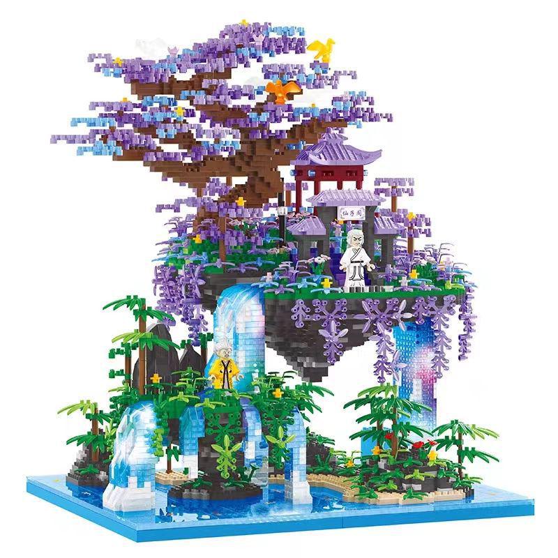 Fairy Pavilion Cherry Blossom Treehouse with Peach Blossom Pond - Creative Ancient Style Building Block Ornament, Handmade Assembly Scene.