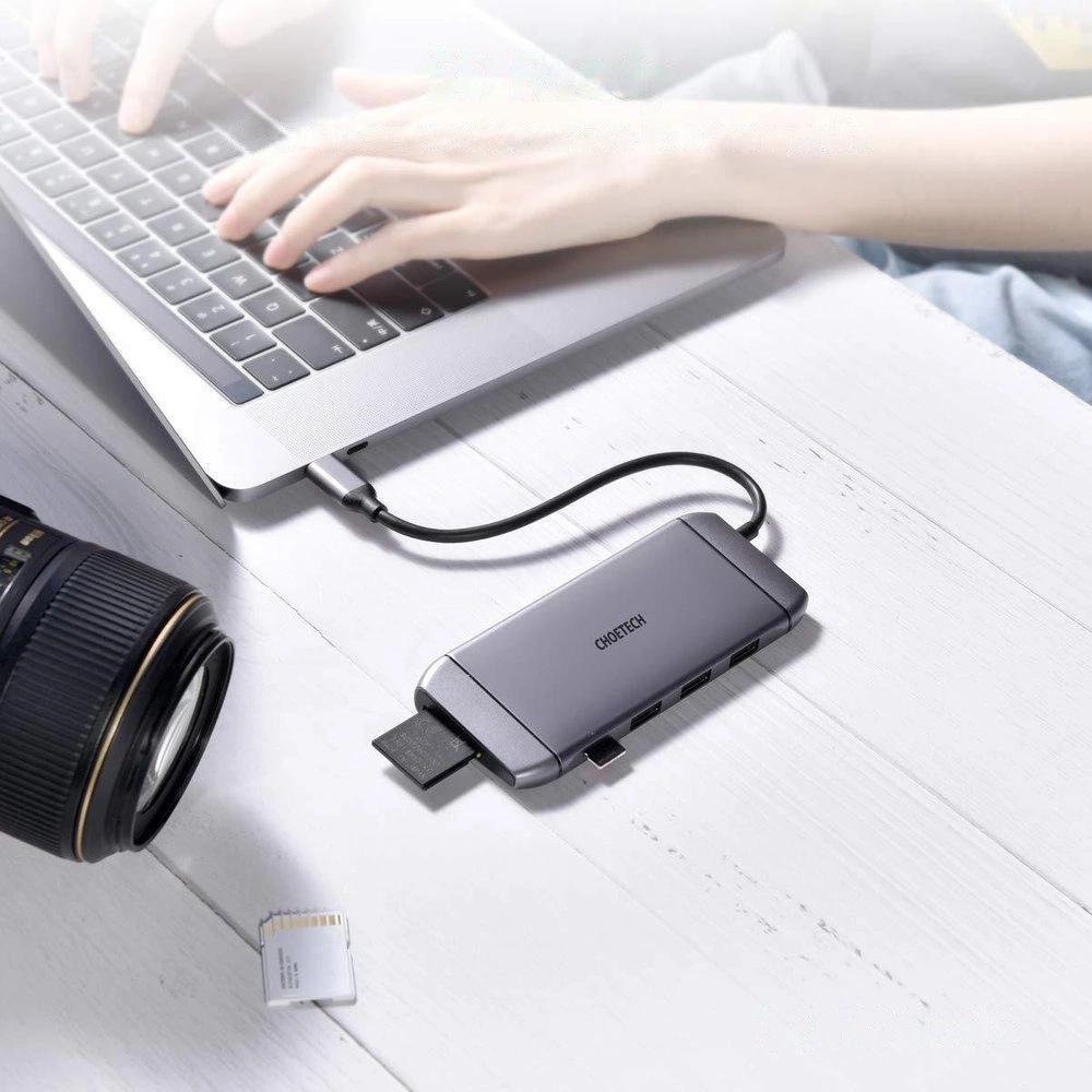 Choetech 9W1 Wielofunkcyjny Hub Usb Typ C - 3X Usb 3.2 Gen 1 / Czytnik Kart Sd I Tf / Hdmi 4K 30Hz / Vga Full Hd 60Hz / Usb Typ C / Rj45 Szary (Hub-M1